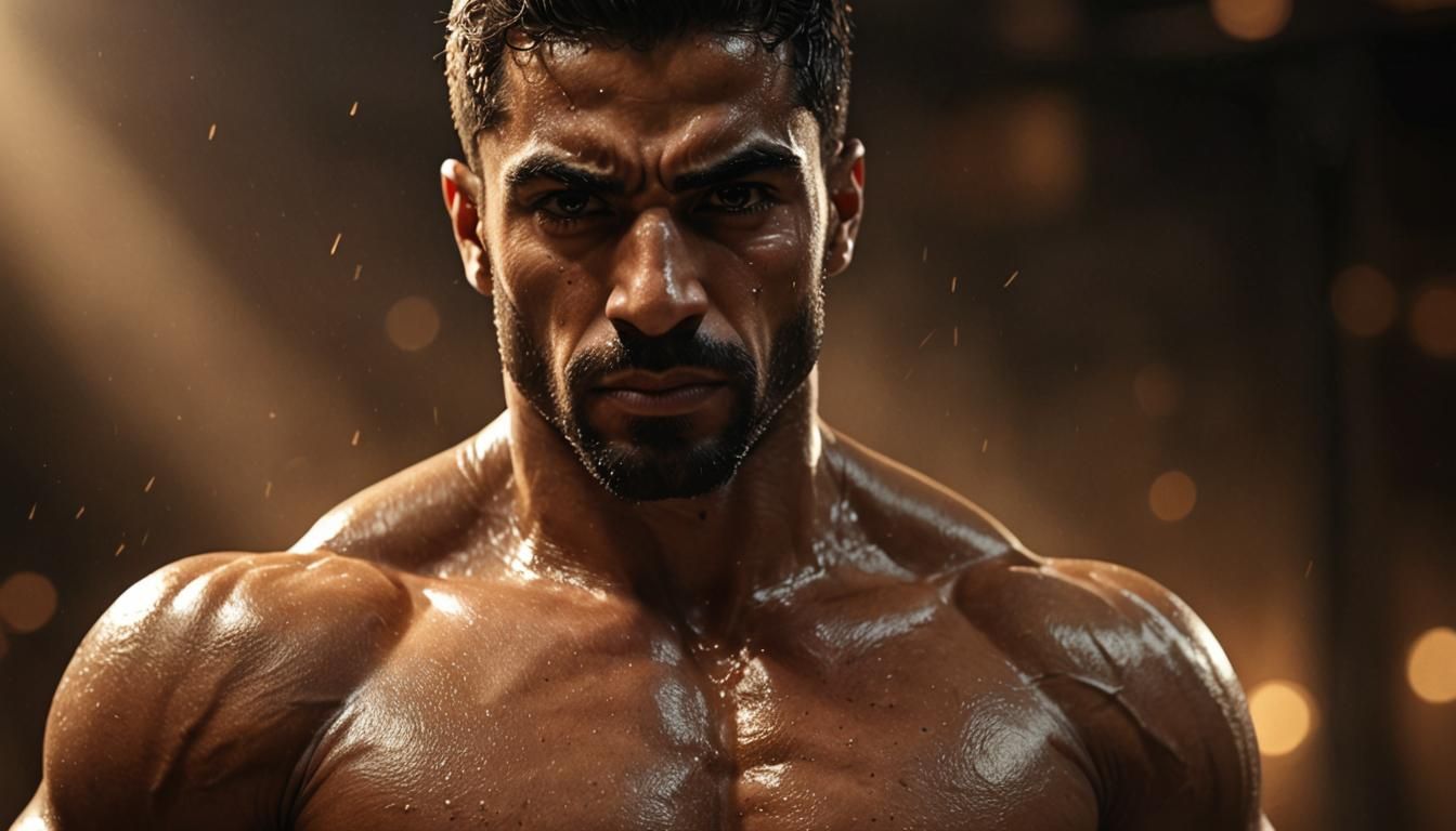 Dramatic Close-Up of Shirtless Arab Bodybuilder