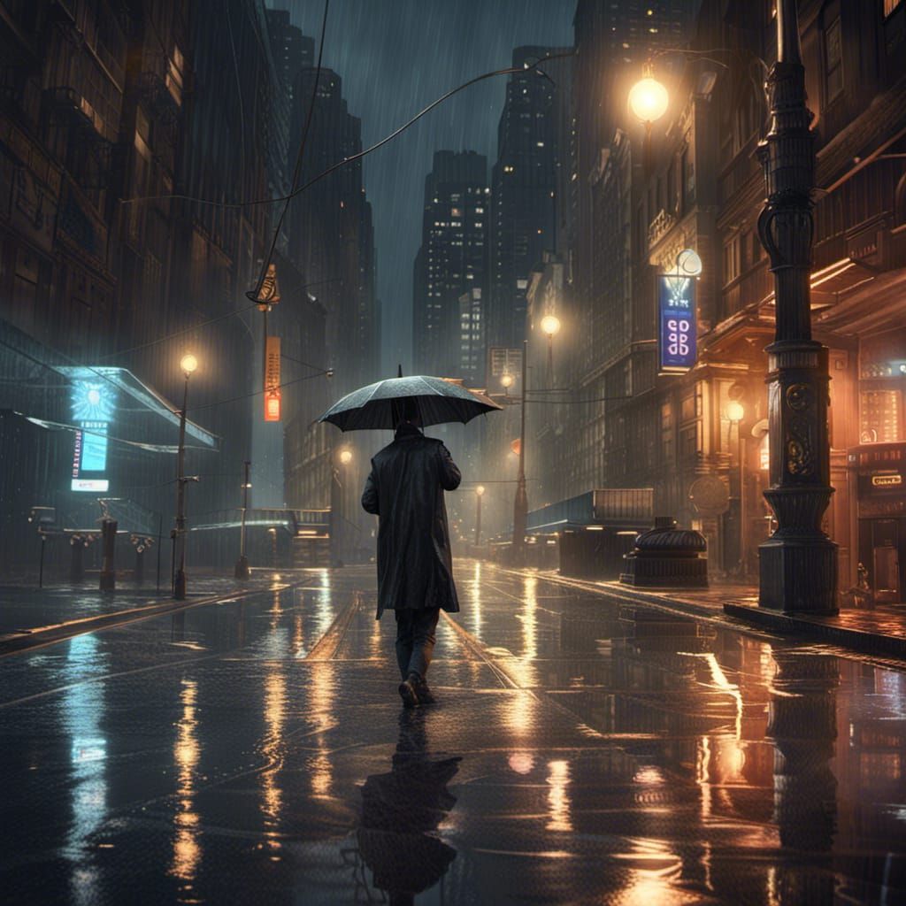 Rainy City Street with Figure in Dark Fantasy Style