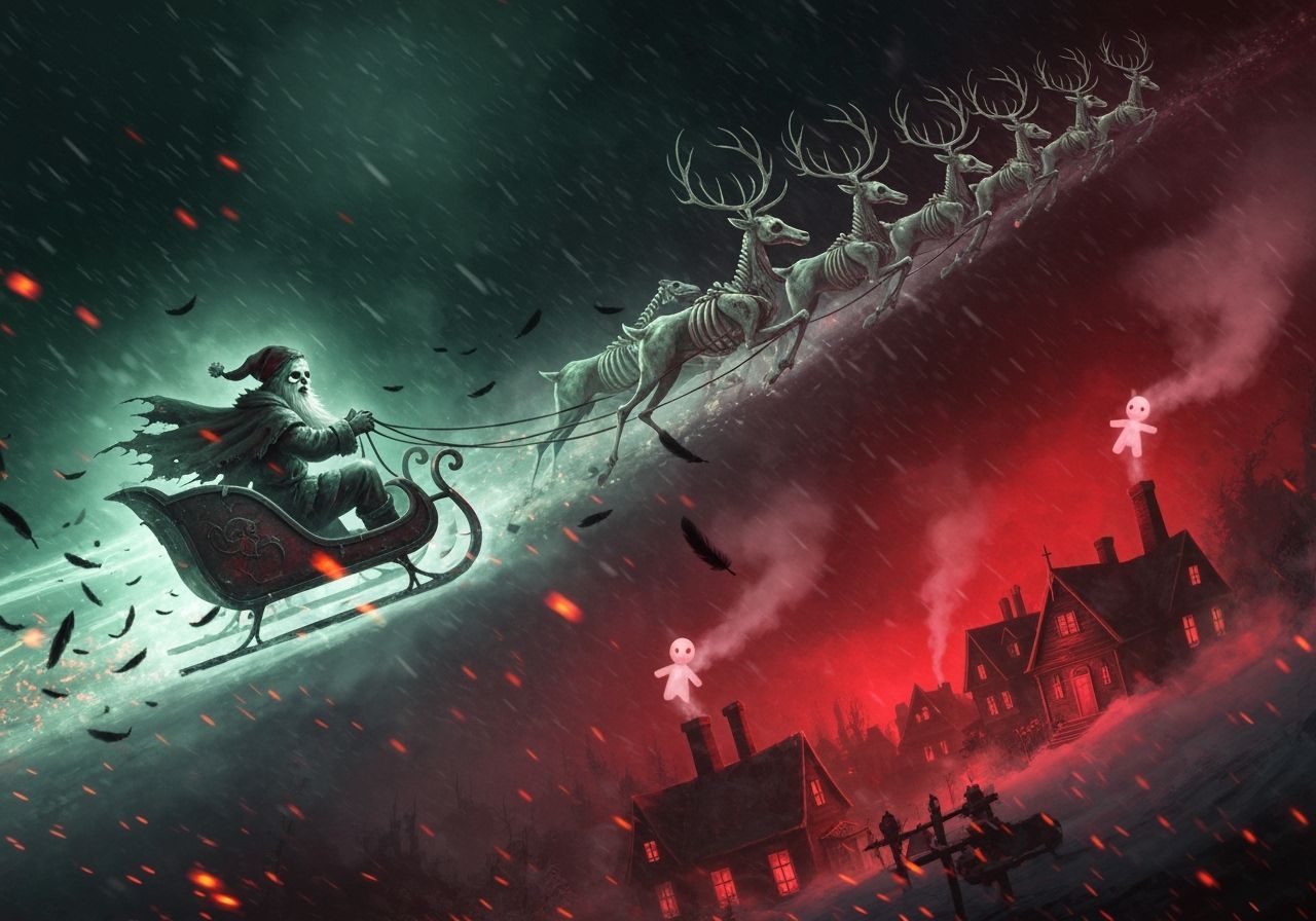 Ghostly Santa Drives Skeletal Reindeer Through Storm