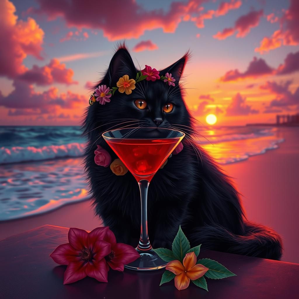 Cat Sipping Sangria at Sunset: Matte Painting Style