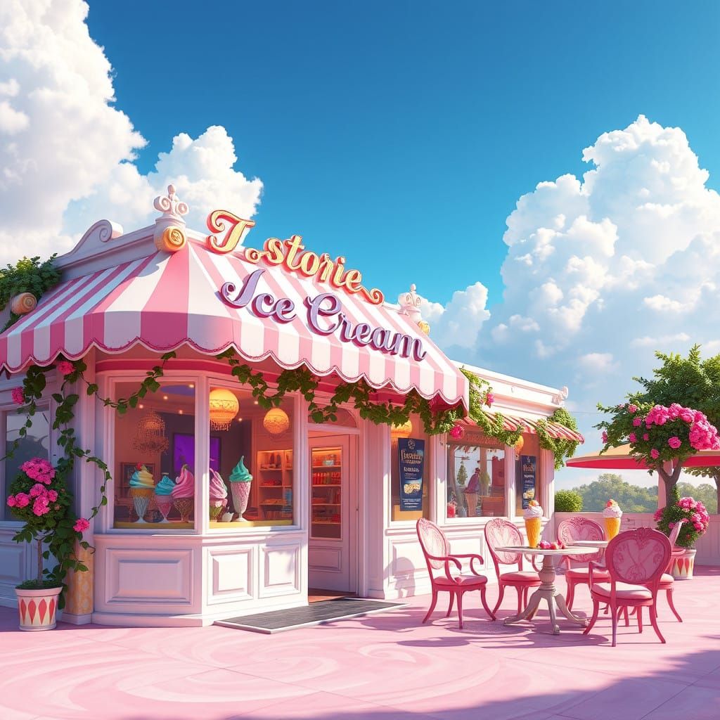 Vibrant Summer Ice Cream Parlor Scene in Pastel Hues