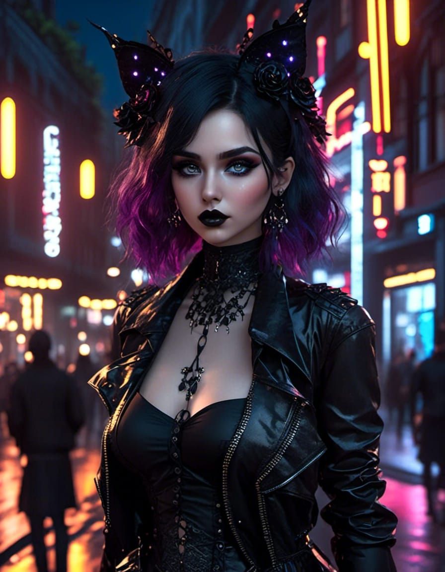 Goth Woman Portrait in City Street with Neon Lights