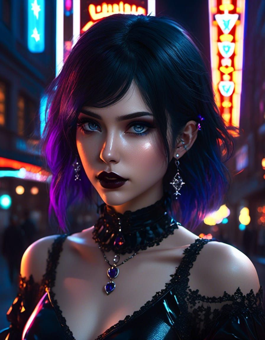 Goth Woman Portrait in City Street with Neon Lights
