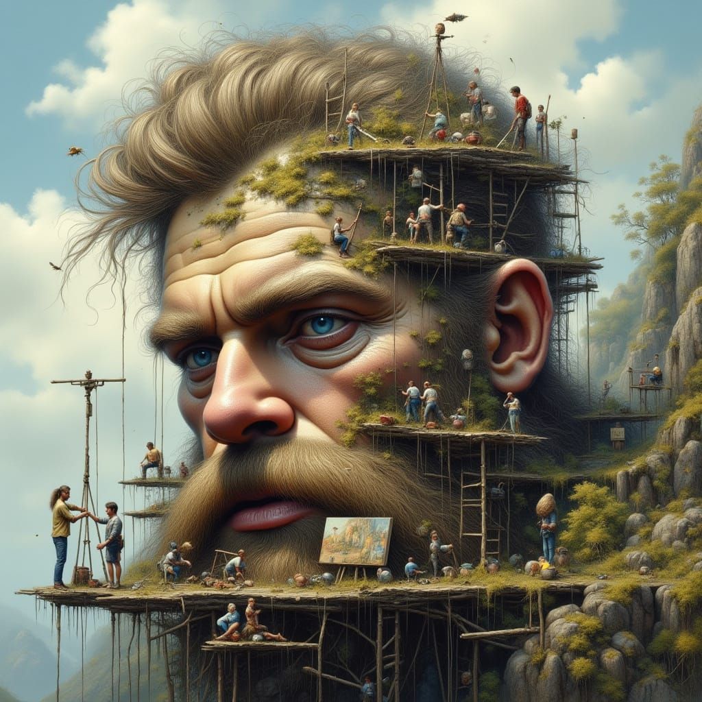 Giant's Face Becomes Canvas for Miniature Art Crew