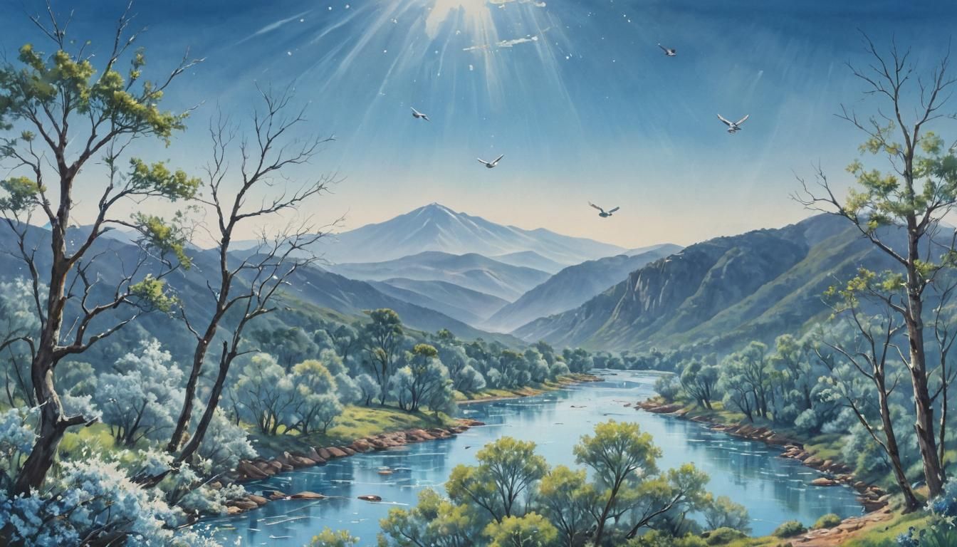 Mountain Landscape with Blue River in Impressionist Style