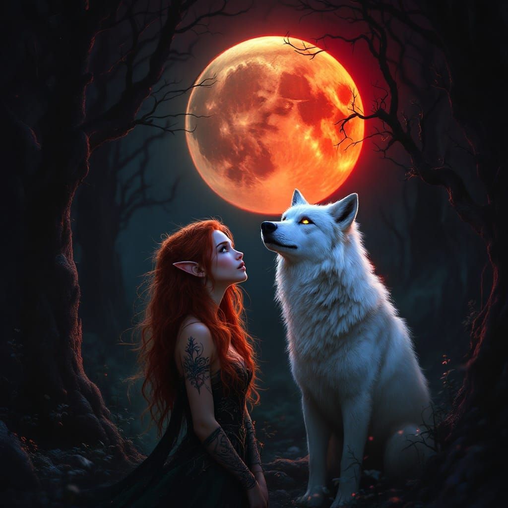 Mystical Elven Maiden and White Wolf Gaze at the Blood-Red M...