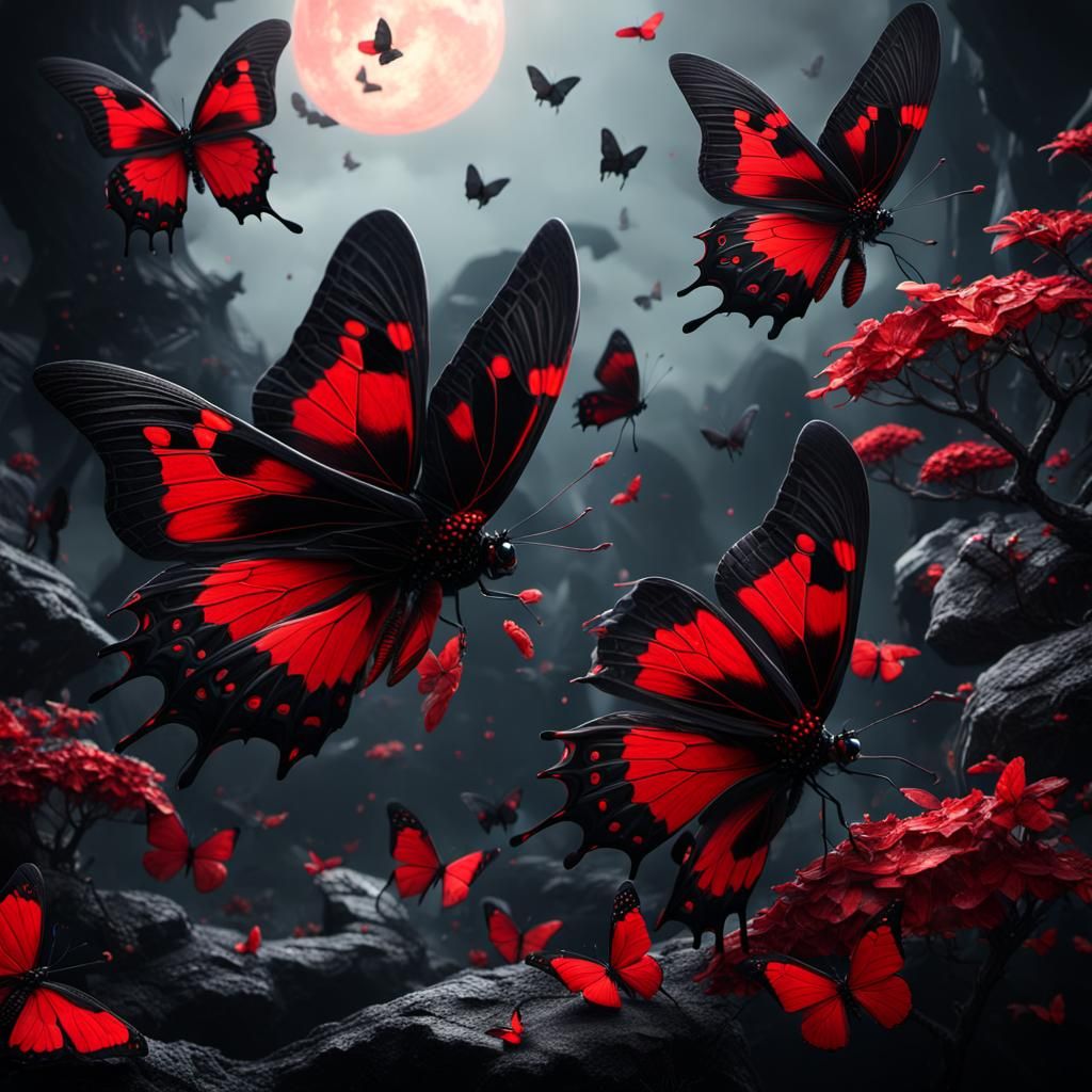 Fantastical Black and Red Butterflies in Detailed Rendering