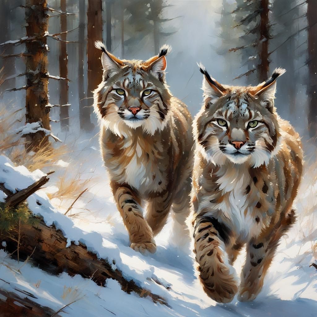 Bobcats Running in Snowy Forest: Detailed Matte Painting