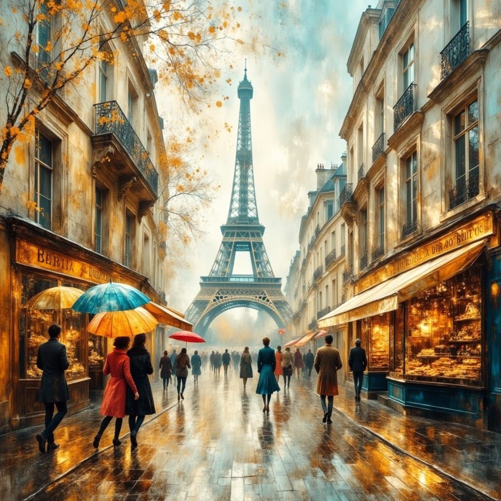Ethereal Paris Street Scene with Eiffel Tower on Rainy Day