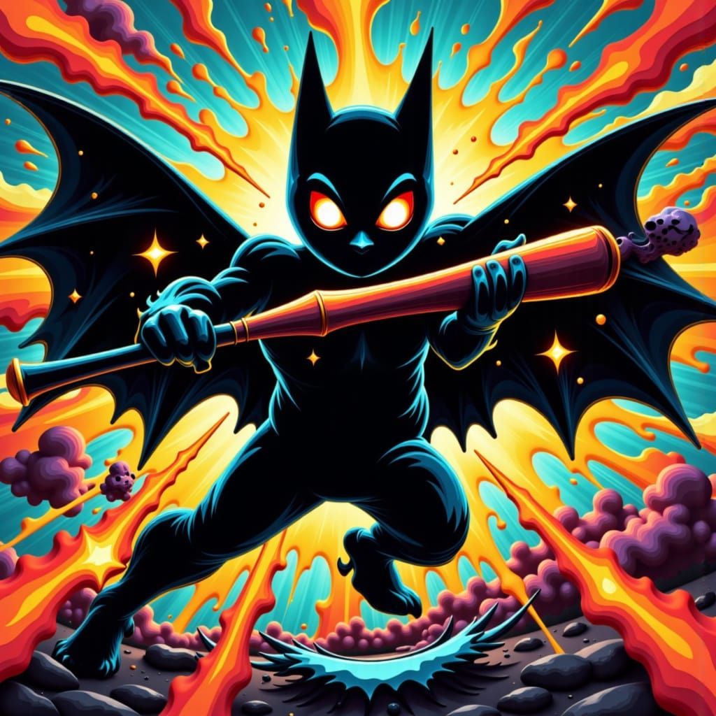 Stylized Bat Swinging a Baseball Bat in Comic Style