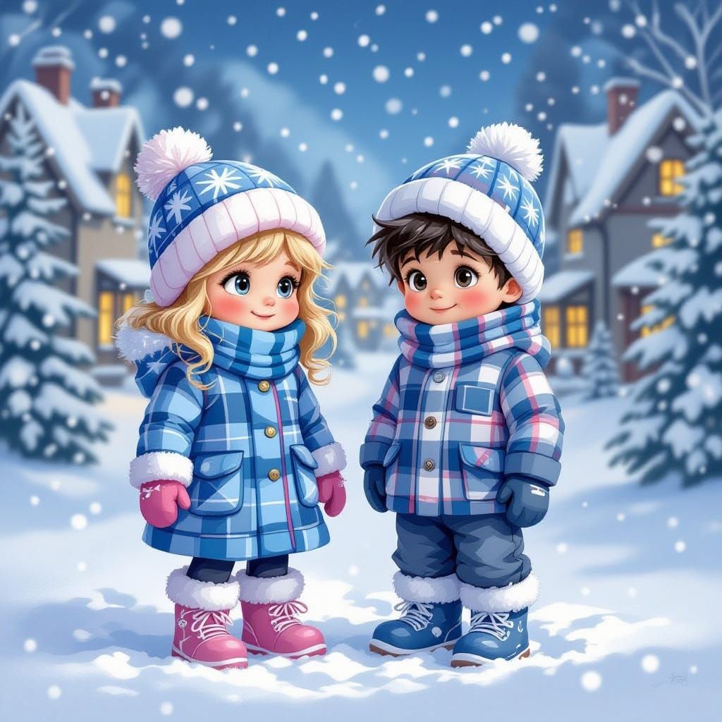 Whimsical Children in Snowy North Pole Town