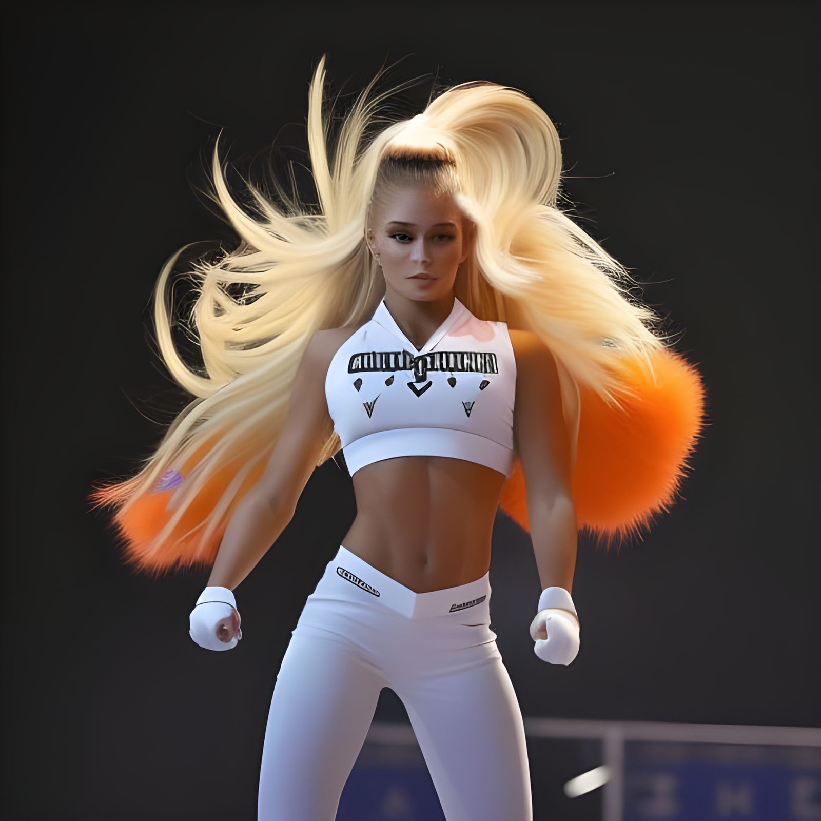 Famous Cheerleading Influencer "Pamela Reif" wearing cropped cheerleader uniform, standing in pose, perfect body, athlet...