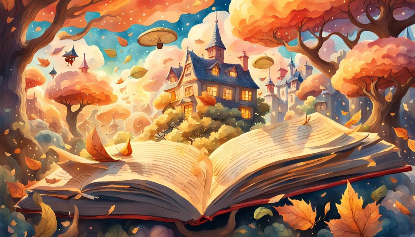 Dreamy Village with Flying Books in Watercolor Style