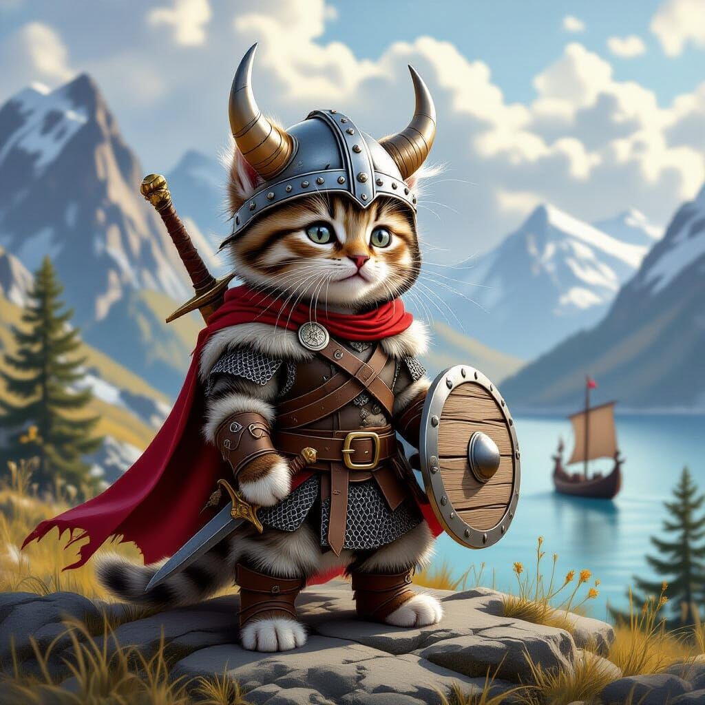 Kitten Viking Warrior in Fantasy Nordic Landscape