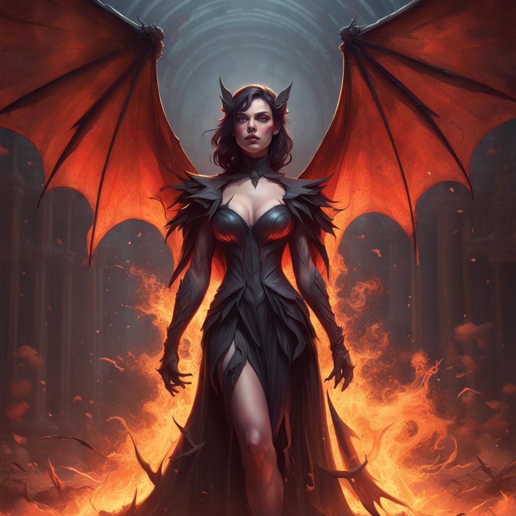 Sinister Woman with Bat Wings in Ashes