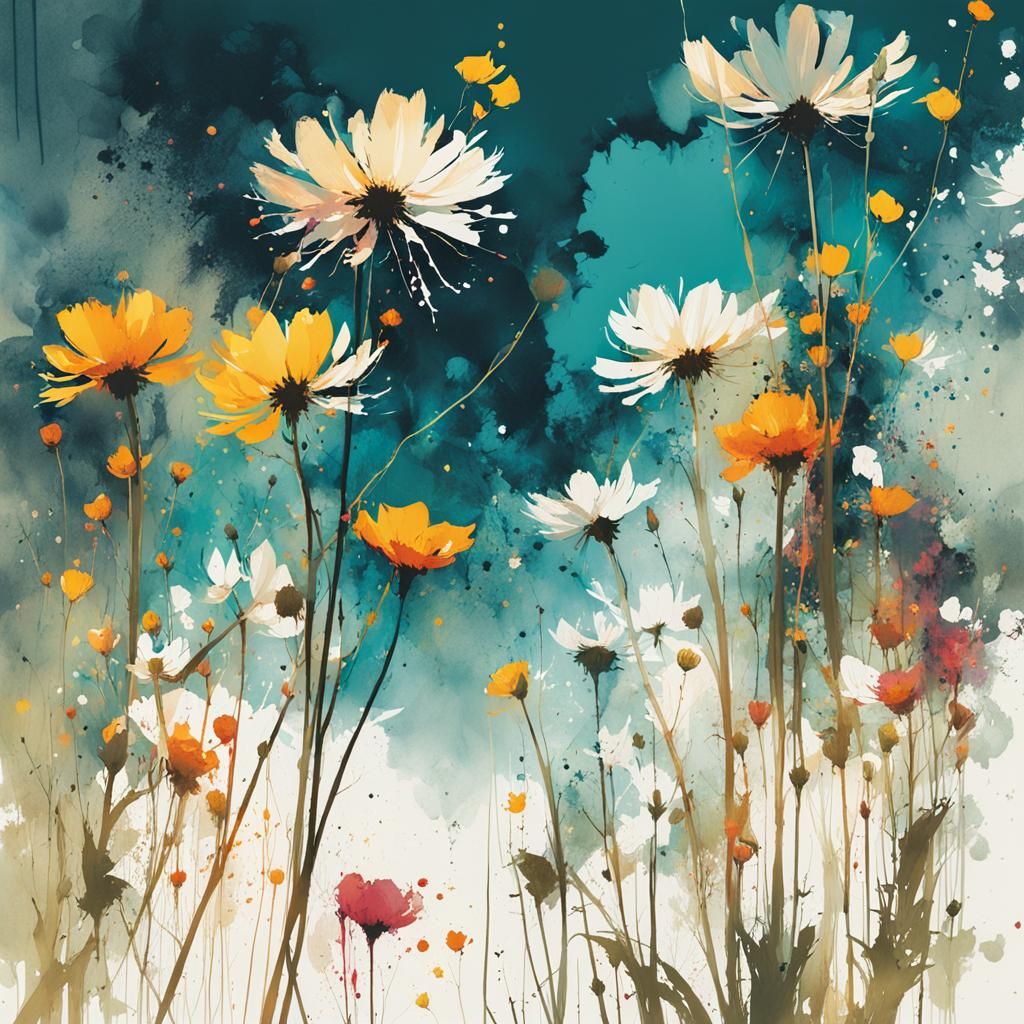 Intricate Wildflower Field with Ink Splatter Effects