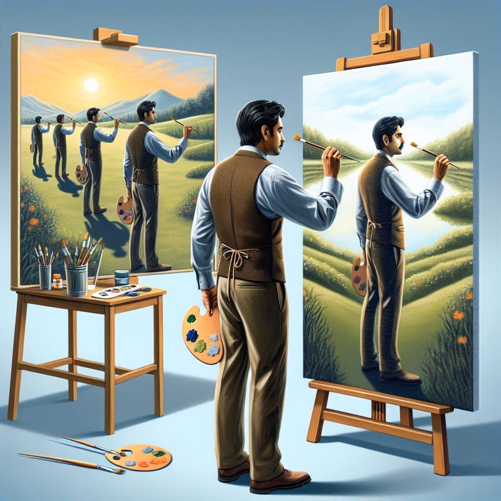 painter painting a picture of himself painting a landscape