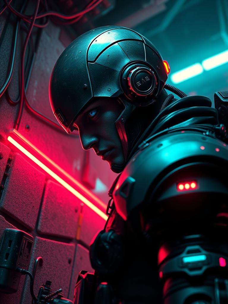 Cybernetic Assassin in Neon-Lit Sci-Fi Outpost