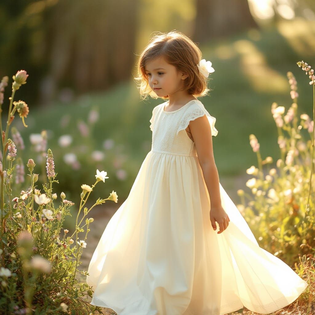 Girl in White Dress with Wildflowers