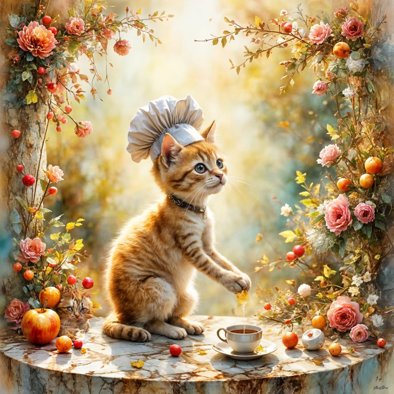 Tiny Kitten Chef in Whimsical Food Landscape