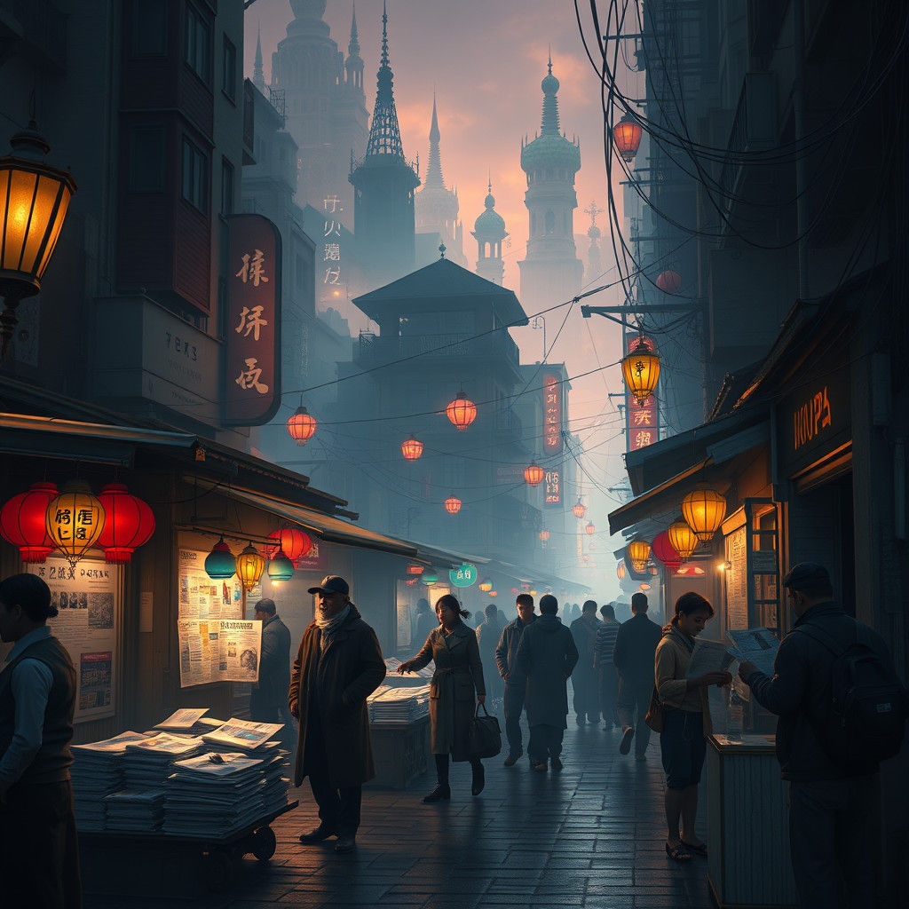 Dreamlike Cityscape: Street Vendors in Fantasy Concept Art
