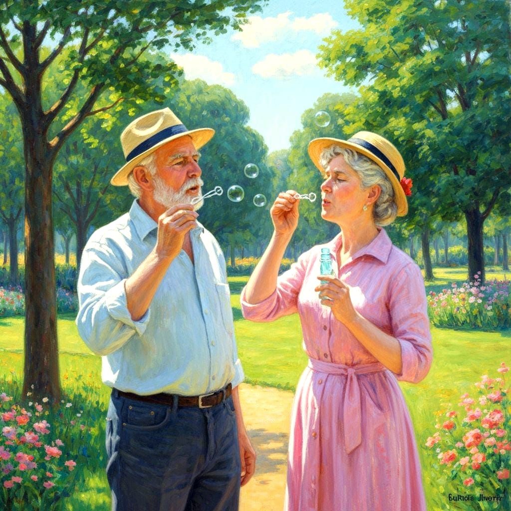 Elderly Couple Blowing Bubbles in the Park