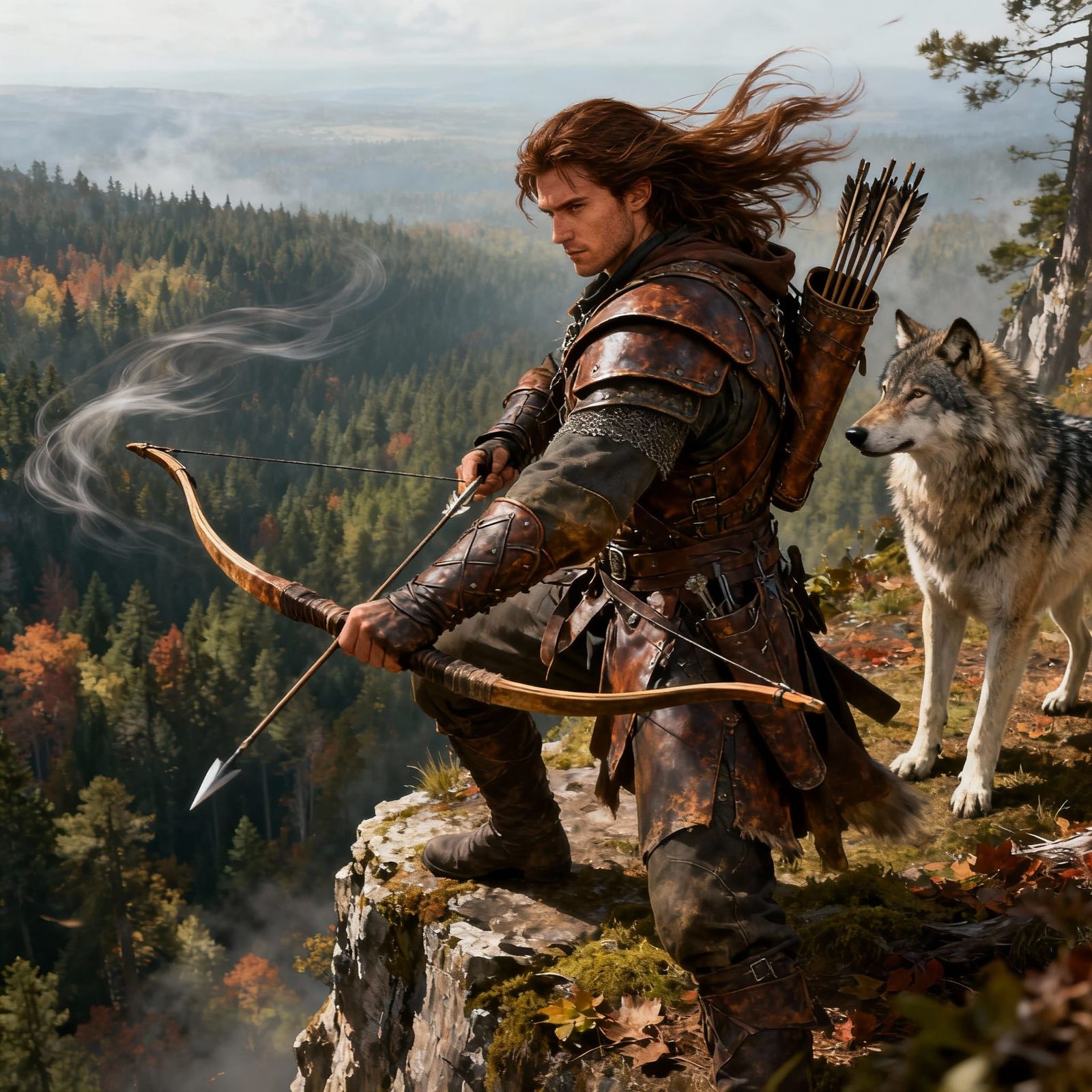 Handsome Huntsman and Wolf on Cliff Overlooking Forest