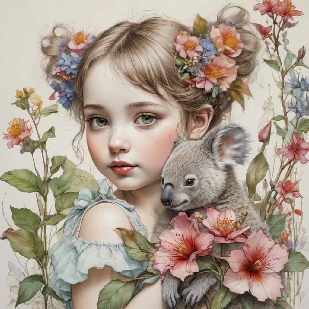 Girl with Baby Koala in Whimsical Fantasy Style