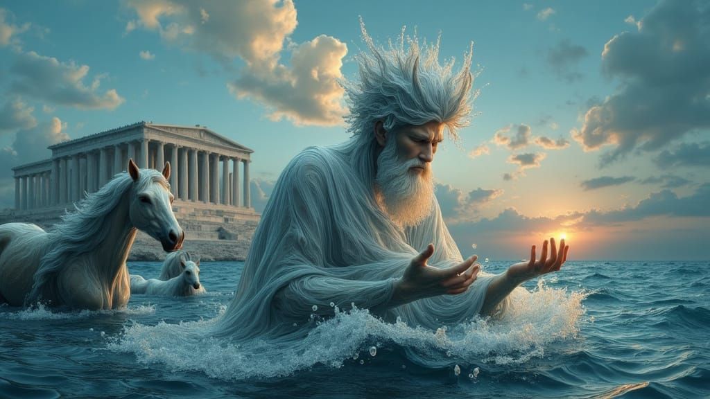Mythological Greek God Dominating Seascape in Dreamlike Styl...