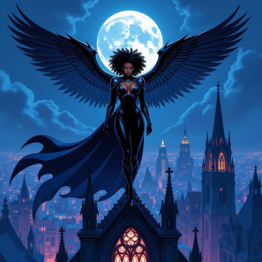 Superheroine Overlooking City in Gothic Setting