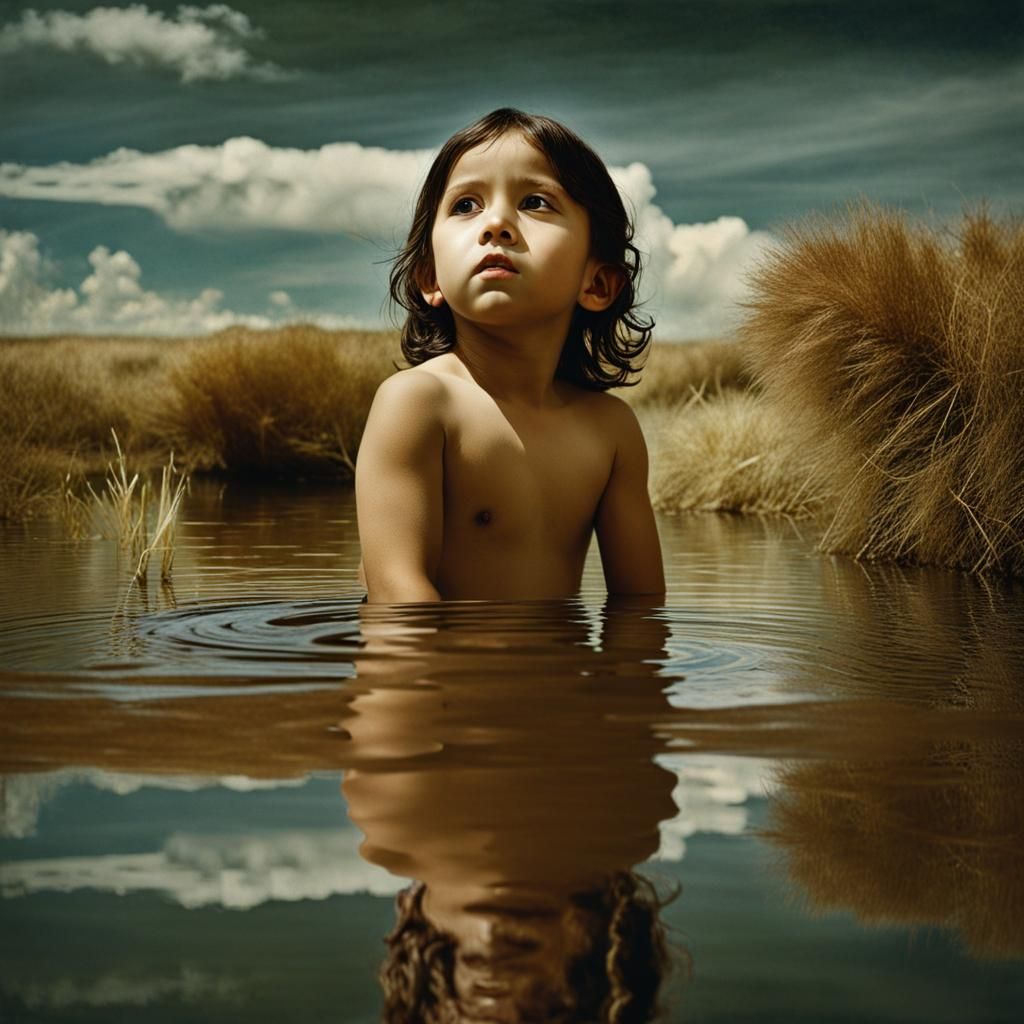 Native American Child seeing  reflection of self in  water ,...