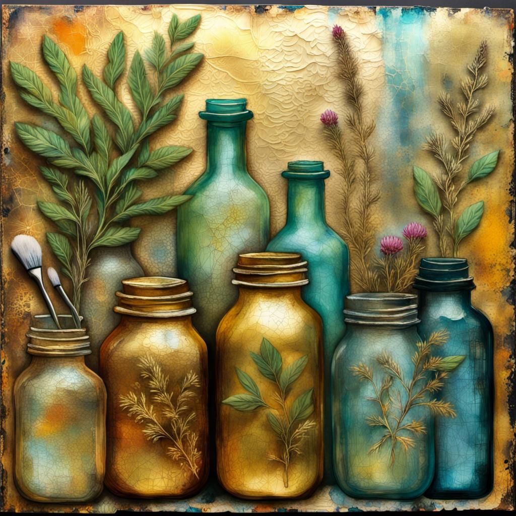 Colorful Herb Jars and Bottles in Mixed Media Style