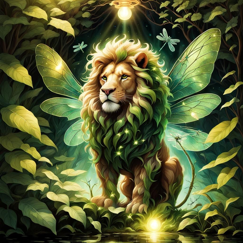 Glowing Leaf Lion with Dragonfly Wings: Fantasy Art