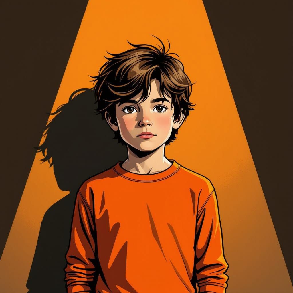 Boy in Orange Shirt Against Orange Background