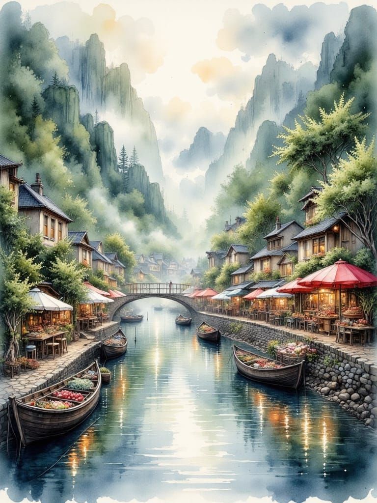Dreamy Watercolor Village Scene with Boats and Lanterns