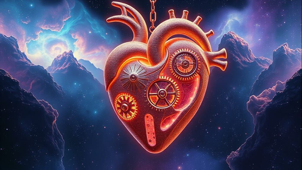 Celestial Clockwork Heart in Ethereal Nebula