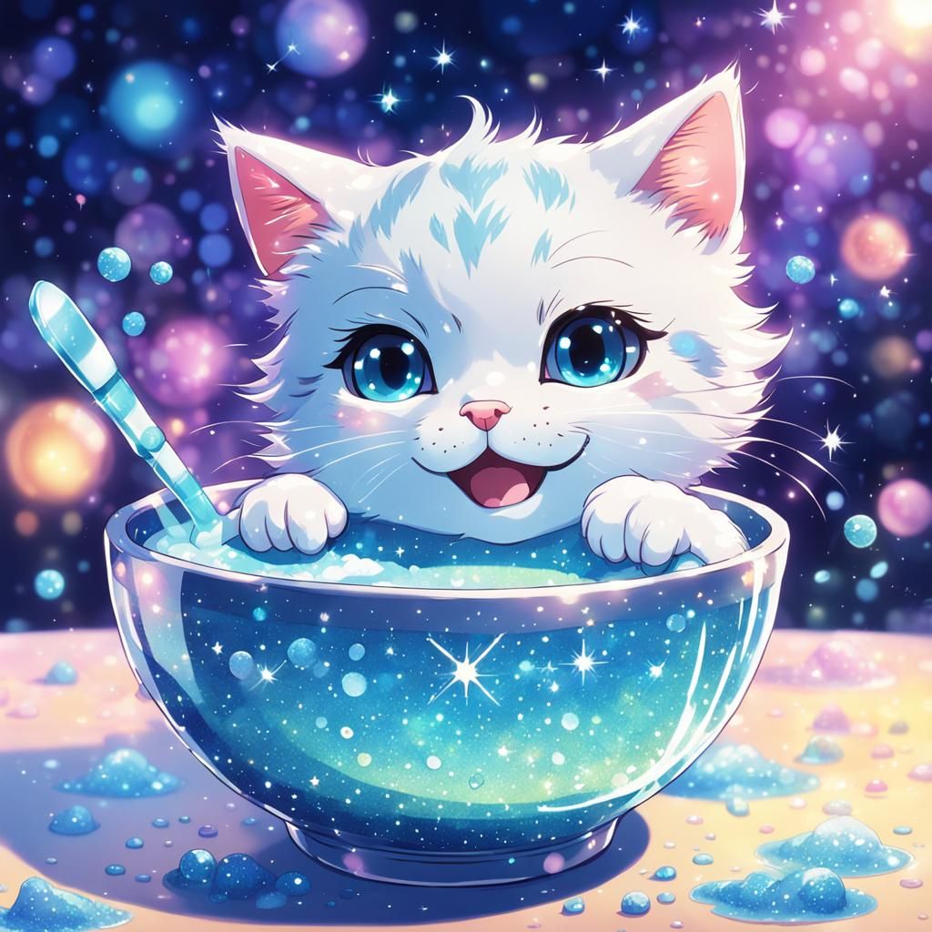 Cute Cat Drinking Milk: Whimsical Anime Art