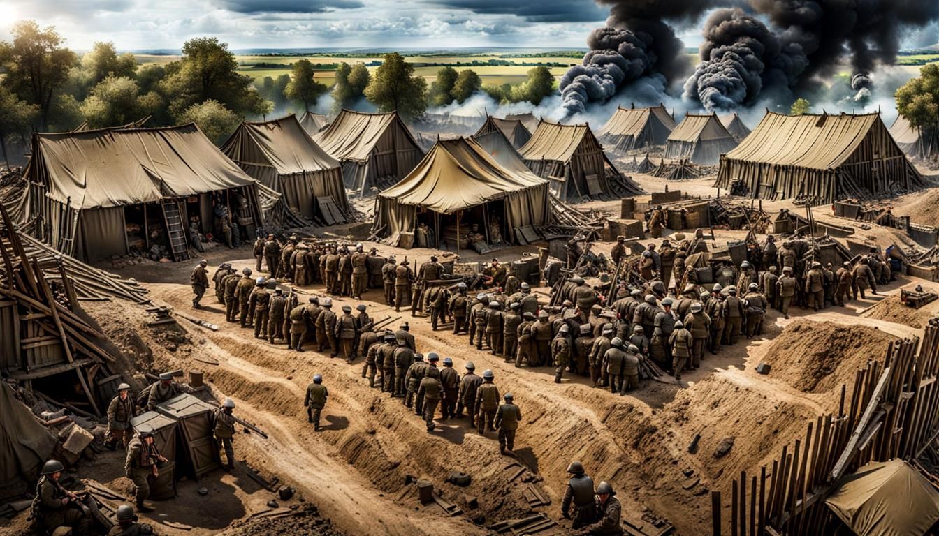 WWI Trench Warfare Scene in Detailed Oil Painting