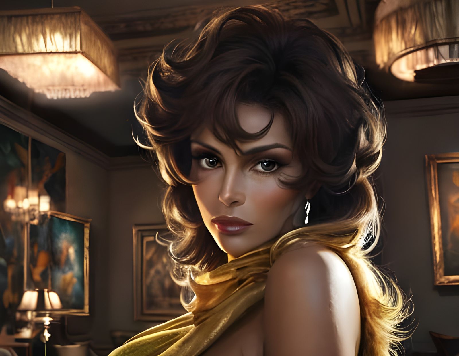 Expressionist Painting of Woman in Dimly Lit Lounge