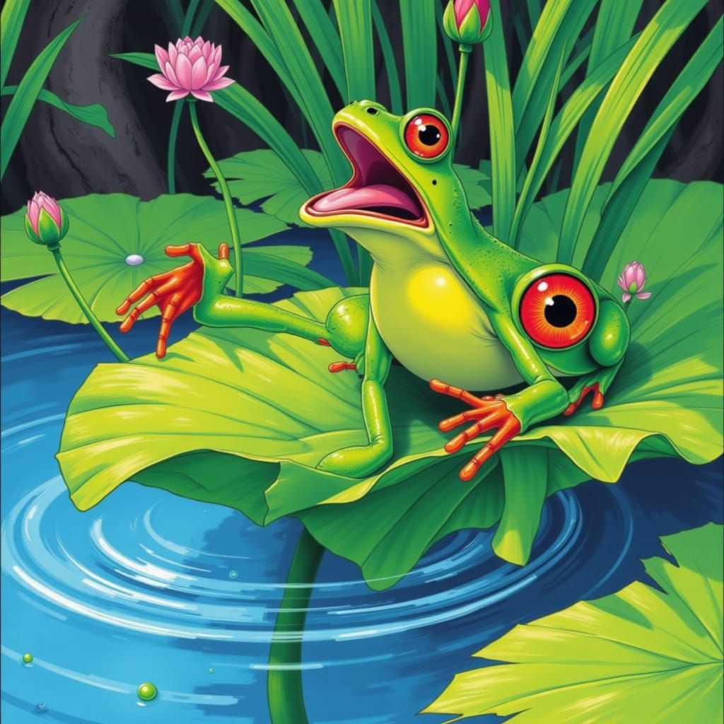 Surprised Frog's Plunge: A Colorful Comic Illustration