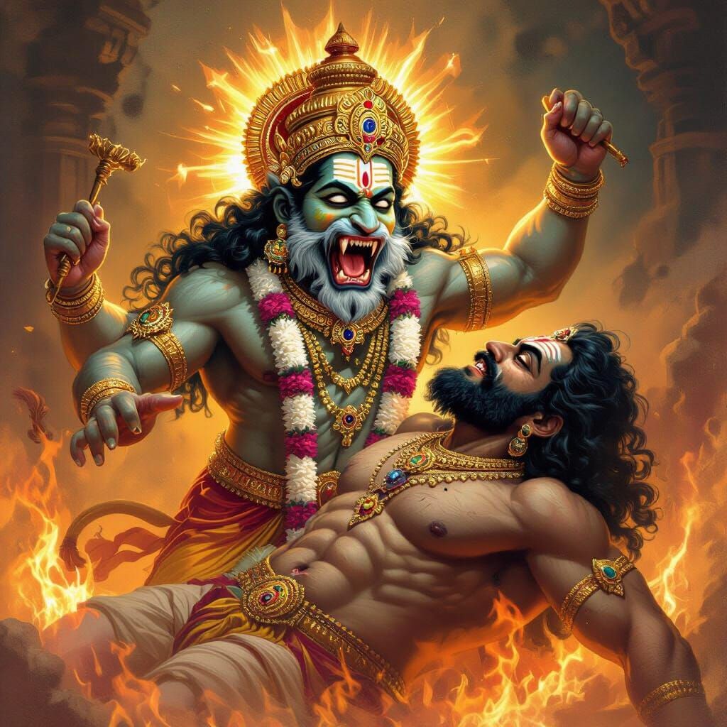 Narasimha Avatar Portrait Tearing Demon, in Raja Ravi Varma ...