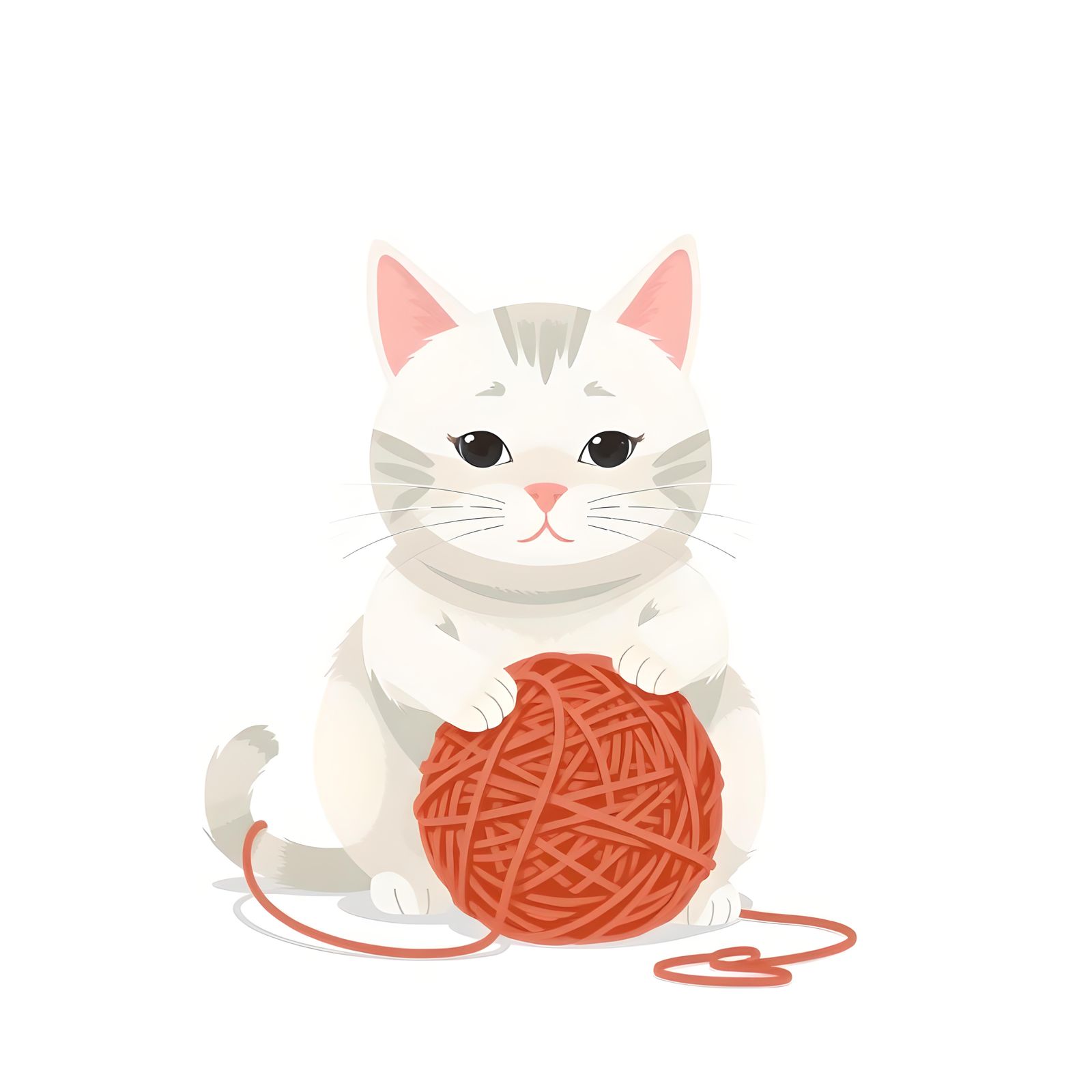 Humorous White Cat with Yarn in Minimalist Style
