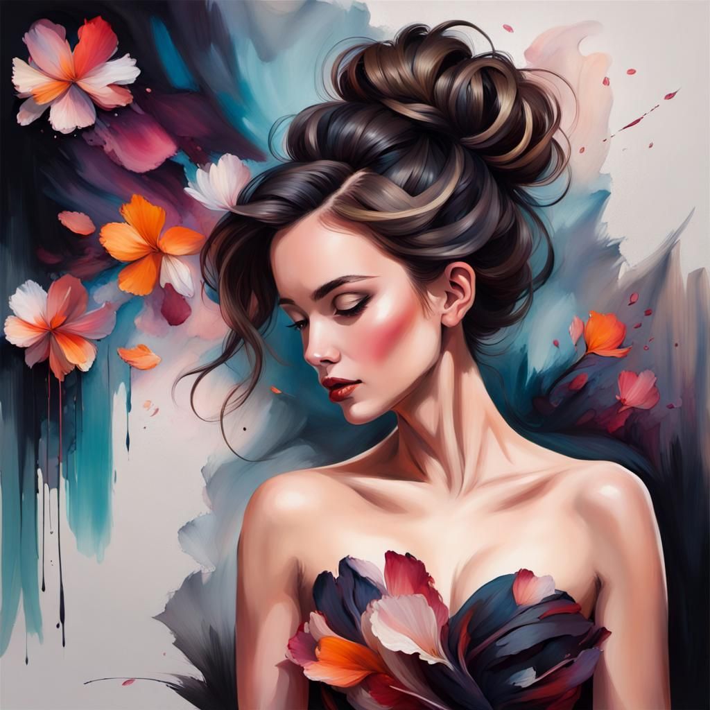 Elegant Woman with Flower Petal Dress in Abstract