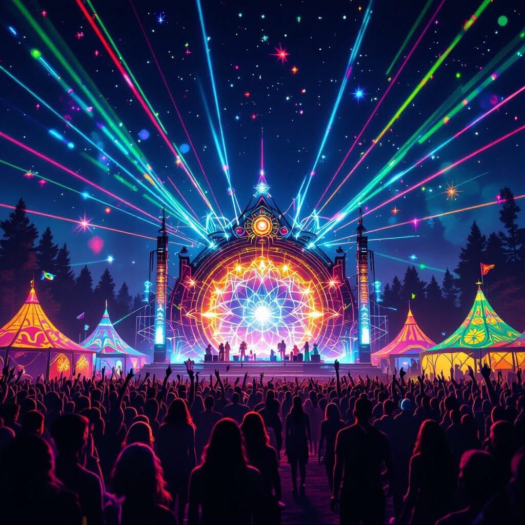 Vibrant Psytrance Festival at Night with Laser Beams