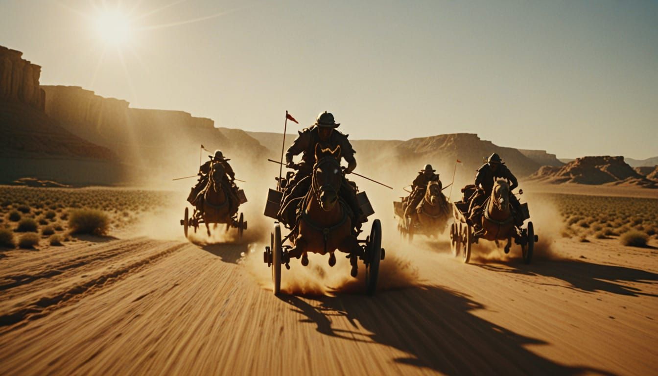Epic Chariot Race in Desert Cinematic Film Still