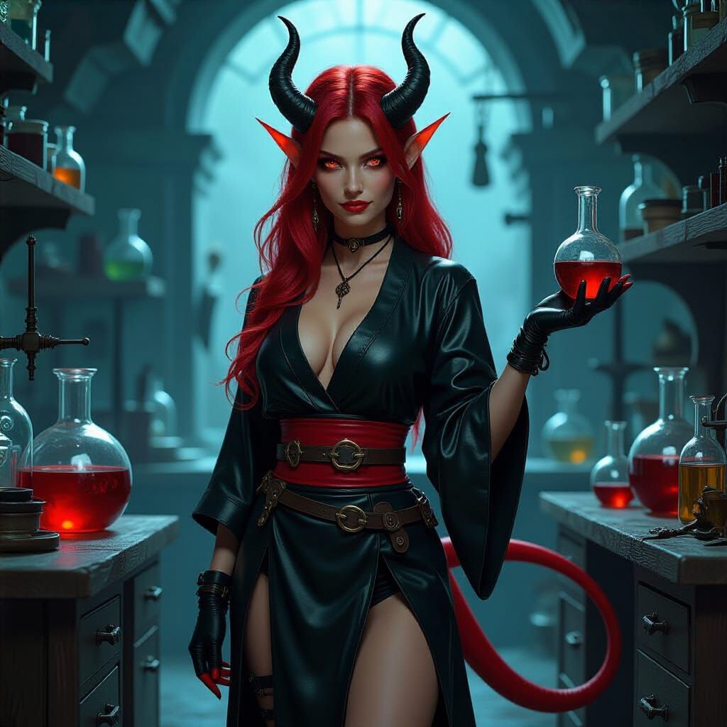 Tiefling Alchemist in Laboratory, Dark Fantasy Art