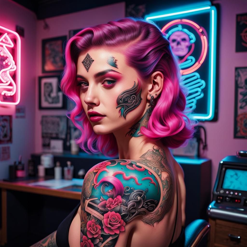 Tattoo Parlor with Synthwave Neon Motifs