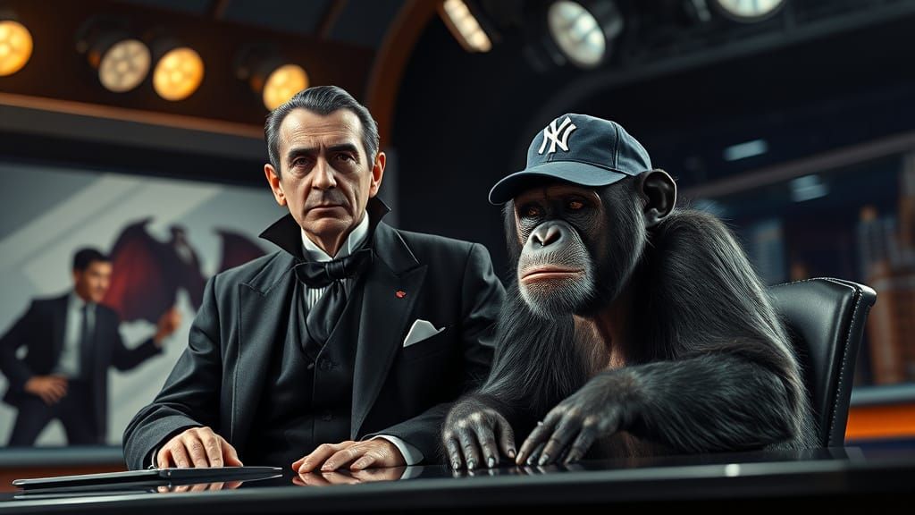 Surreal News Anchor Count Dracula Surrounded by Hyperrealist...