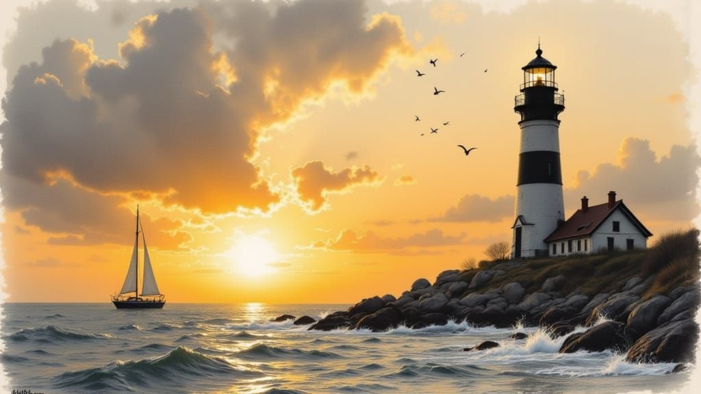 Surreal Black and White Lighthouse Scene at Sunset