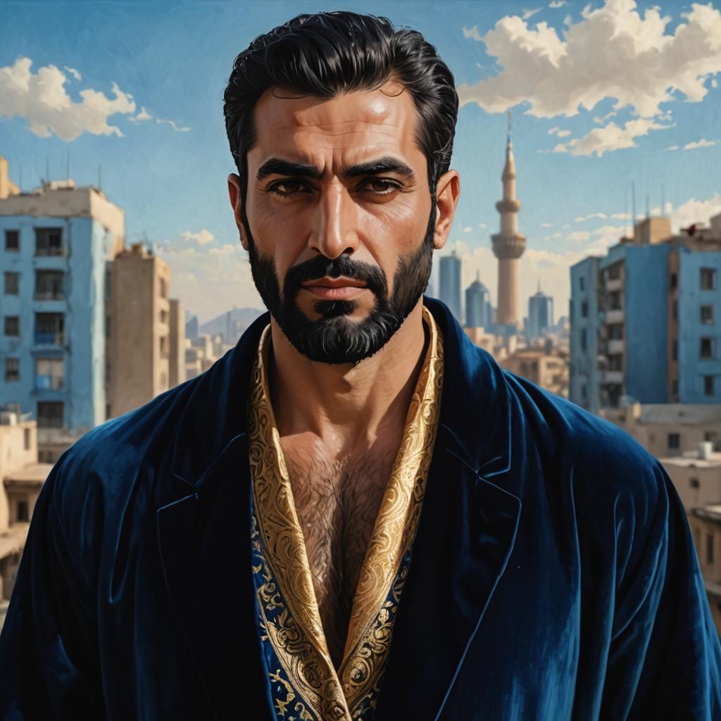 Handsome Man with Beard in Gouache Style